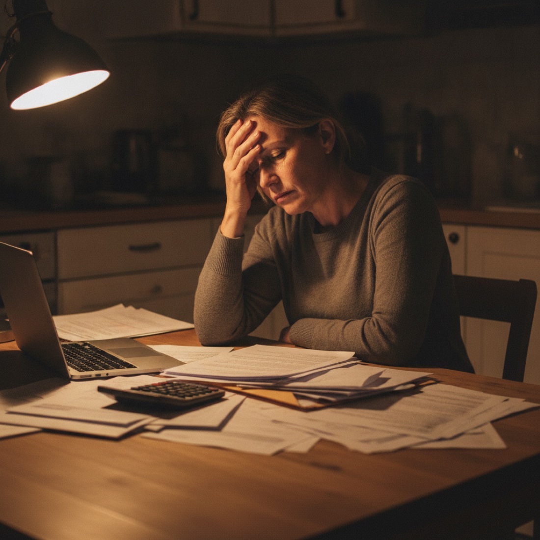 Une aidante seule, le soir, débordée par les papiers administratifs de son parent